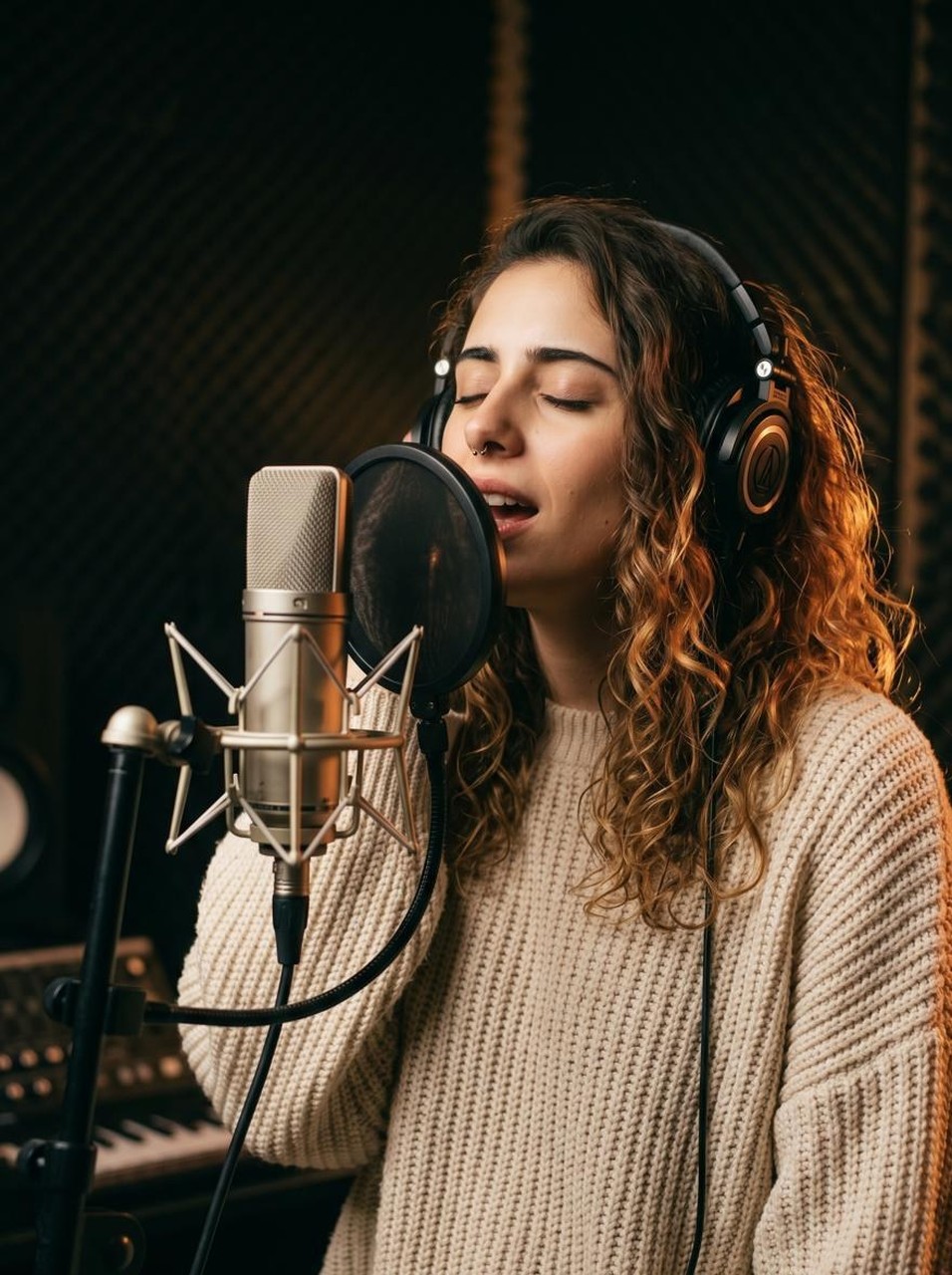 נאיה שרה למיקרופון באולפן הקלטות